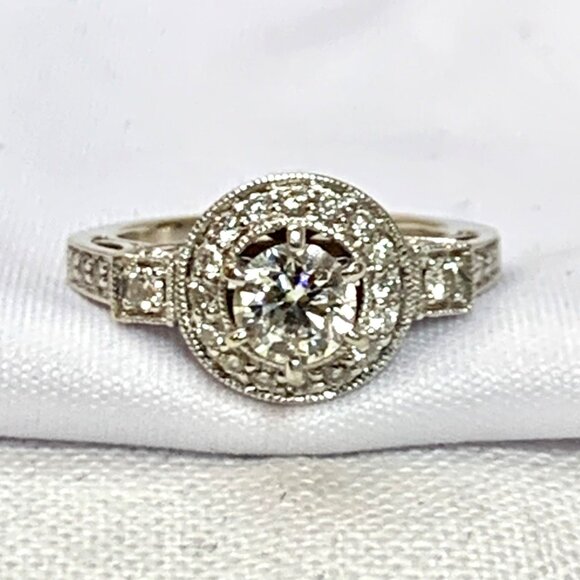 18K White Gold Natural Diamond Engagement Ring Halo Design Filigree Shoulders Ri - Picture 4 of 16